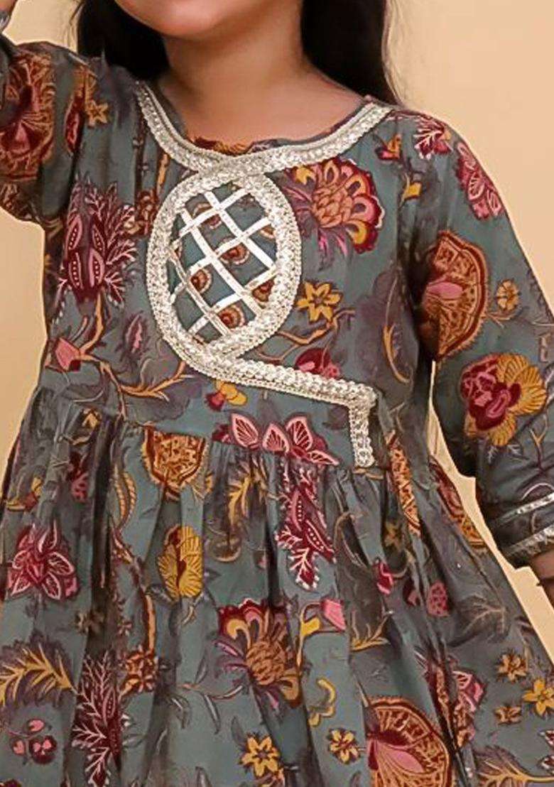 Grey Printed Cotton Kurta Set For Girls - Indya