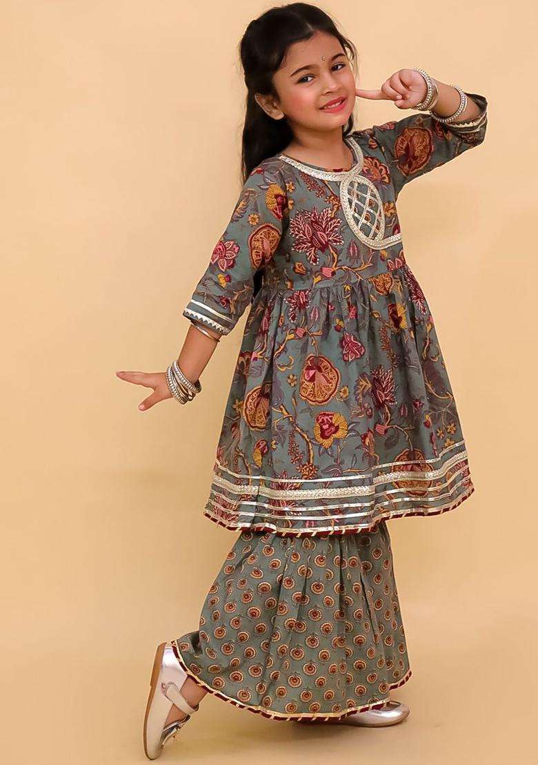 Grey Printed Cotton Kurta Set For Girls - Indya