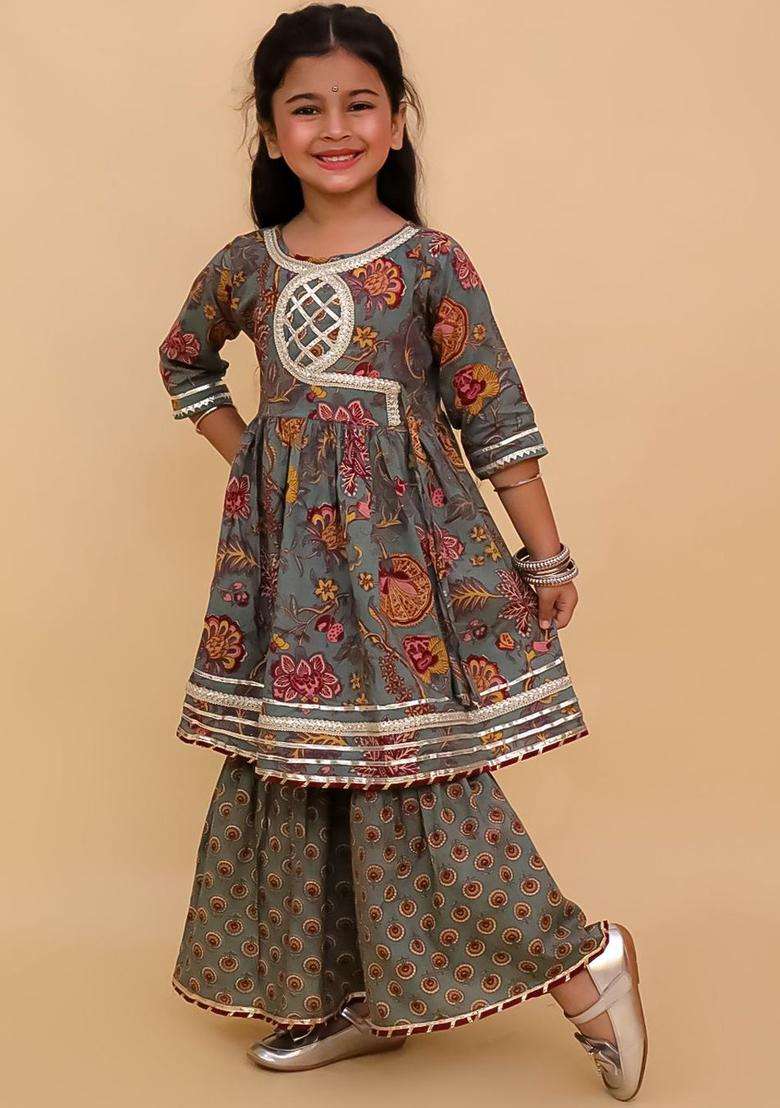 Grey Printed Cotton Kurta Set For Girls - Indya
