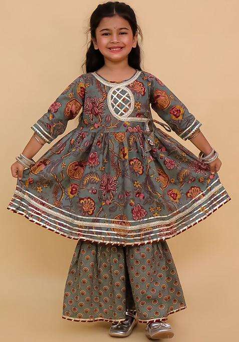 Grey Printed Cotton Kurta Set For Girls