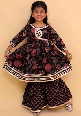 Black Printed Cotton Kurta Set For Girls