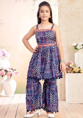Navy Blue Printed Polyester Kurta Set For Girls