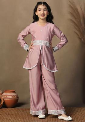 Pink Embroidered Silk Kurta Set For Girls