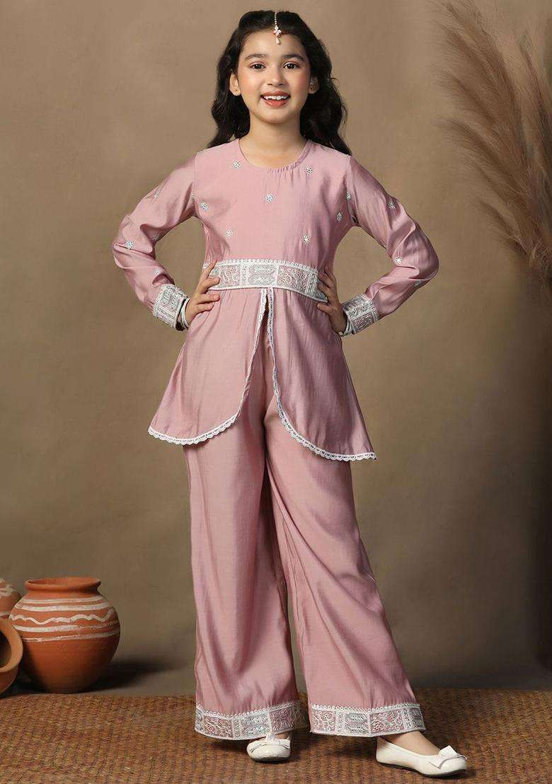 Pink Embroidered Silk Kurta Set For Girls - Indya