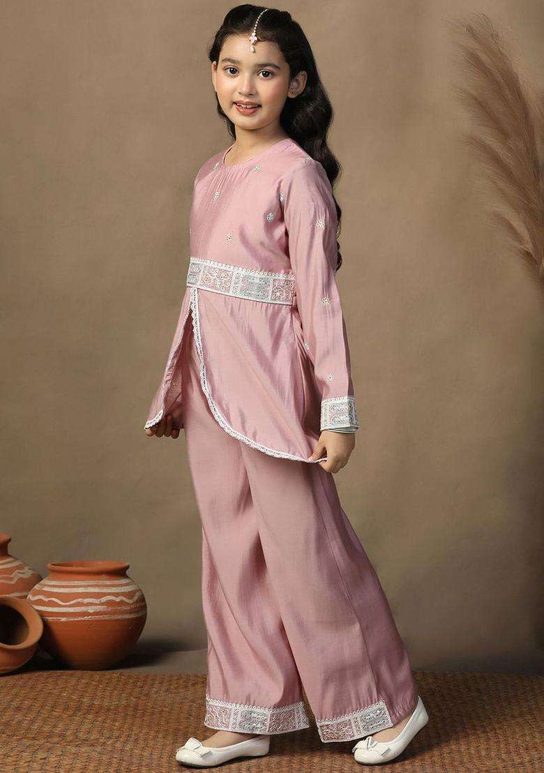 Pink Embroidered Silk Kurta Set For Girls - Indya