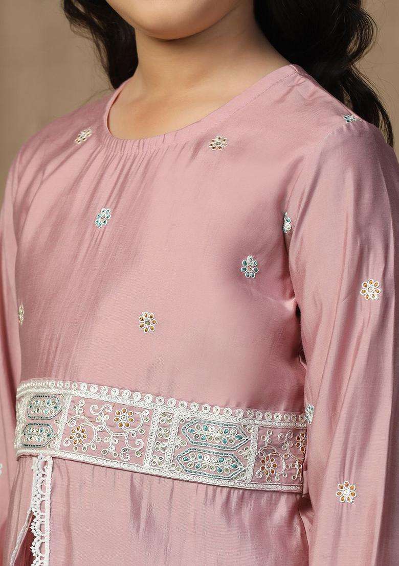 Pink Embroidered Silk Kurta Set For Girls - Indya