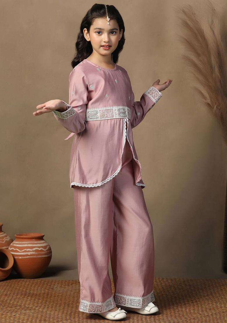 Pink Embroidered Silk Kurta Set For Girls - Indya