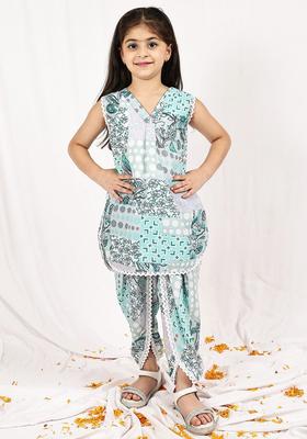 Turquoise Blue Printed Cotton Kurta Set For Girls