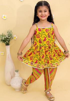 Mustard Printed Cotton Kurta Set For Girls