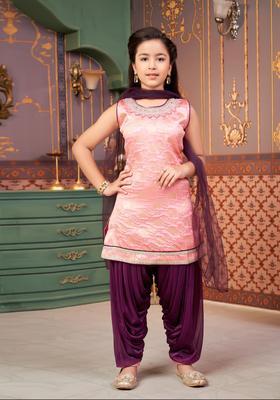 Pink Printed Silk Kurta Set For Girls
