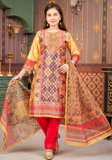 Yellow Printed Satin Kurta Set For Girls — view on Indya