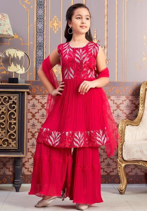Pink Georgette Kurta Set For Girls — view on Indya