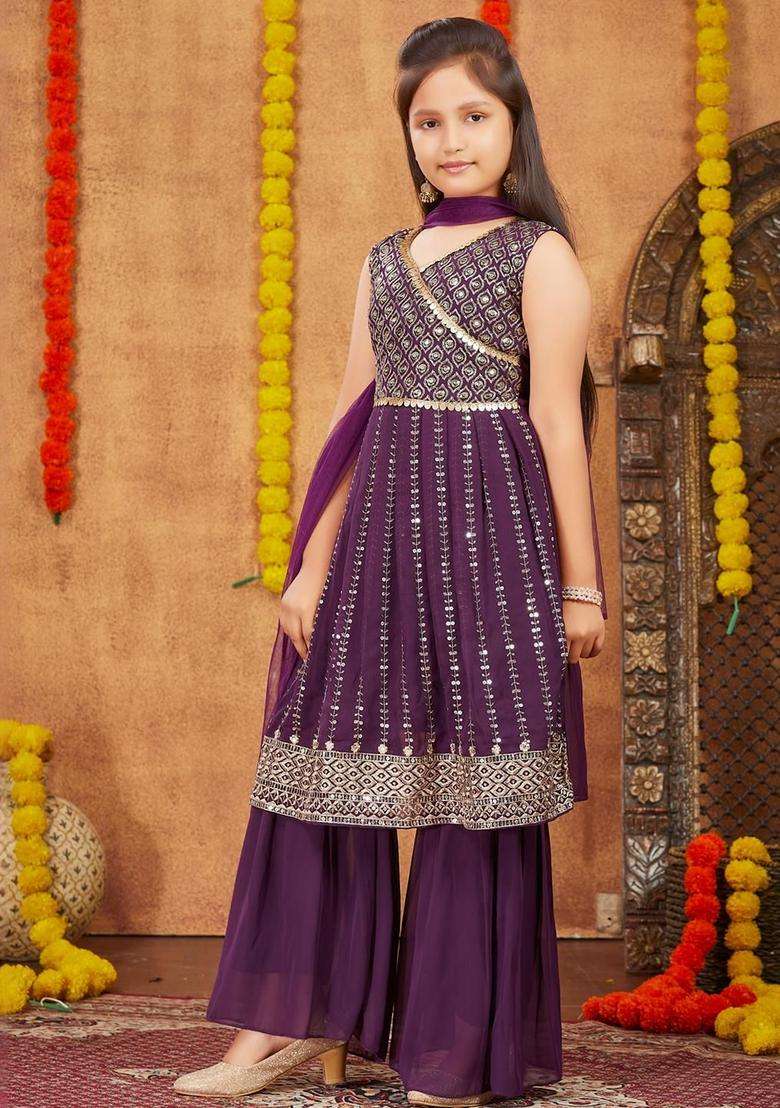 Purple  Georgette Kurta Set For Girls - Indya