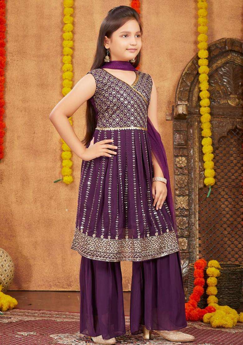 Purple  Georgette Kurta Set For Girls - Indya