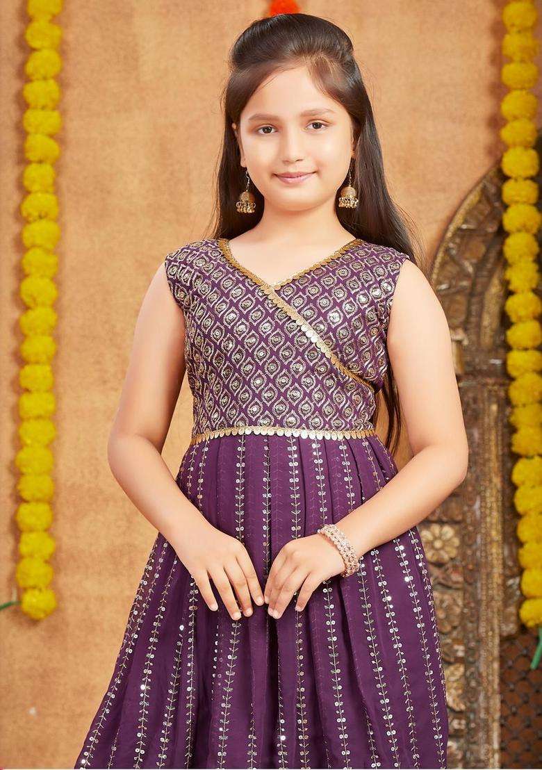 Purple  Georgette Kurta Set For Girls - Indya