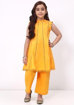 Orange Self Design Cotton Kurta Set For Girls