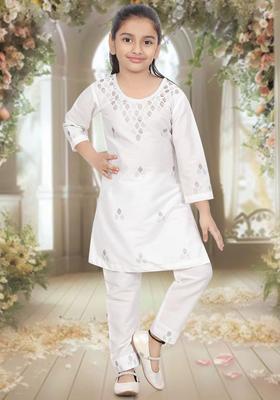 White Embroidered Cotton Kurta Set For Girls