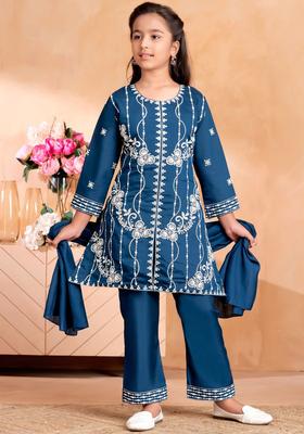 Turquoise Blue Embroidered Silk Kurta Set For Girls