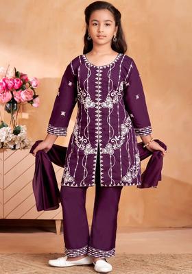 Purple Embroidered Silk Kurta Set For Girls
