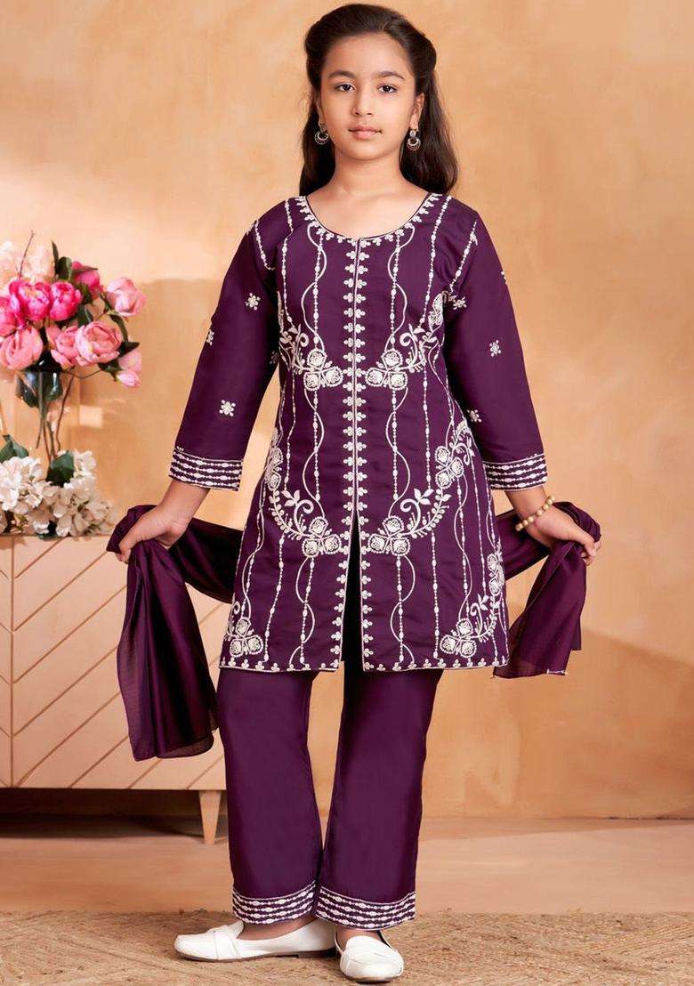 Purple Embroidered Silk Kurta Set For Girls - Indya