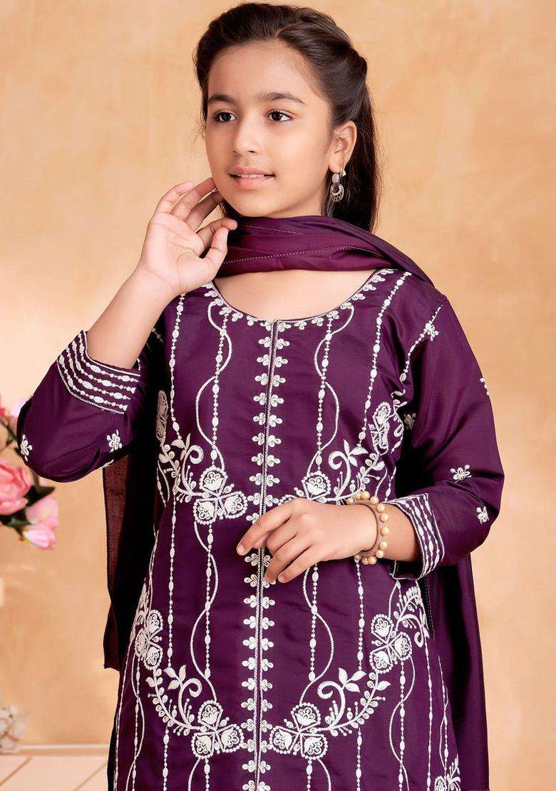 Purple Embroidered Silk Kurta Set For Girls - Indya