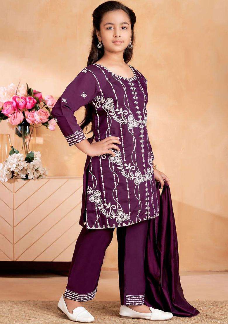 Purple Embroidered Silk Kurta Set For Girls - Indya
