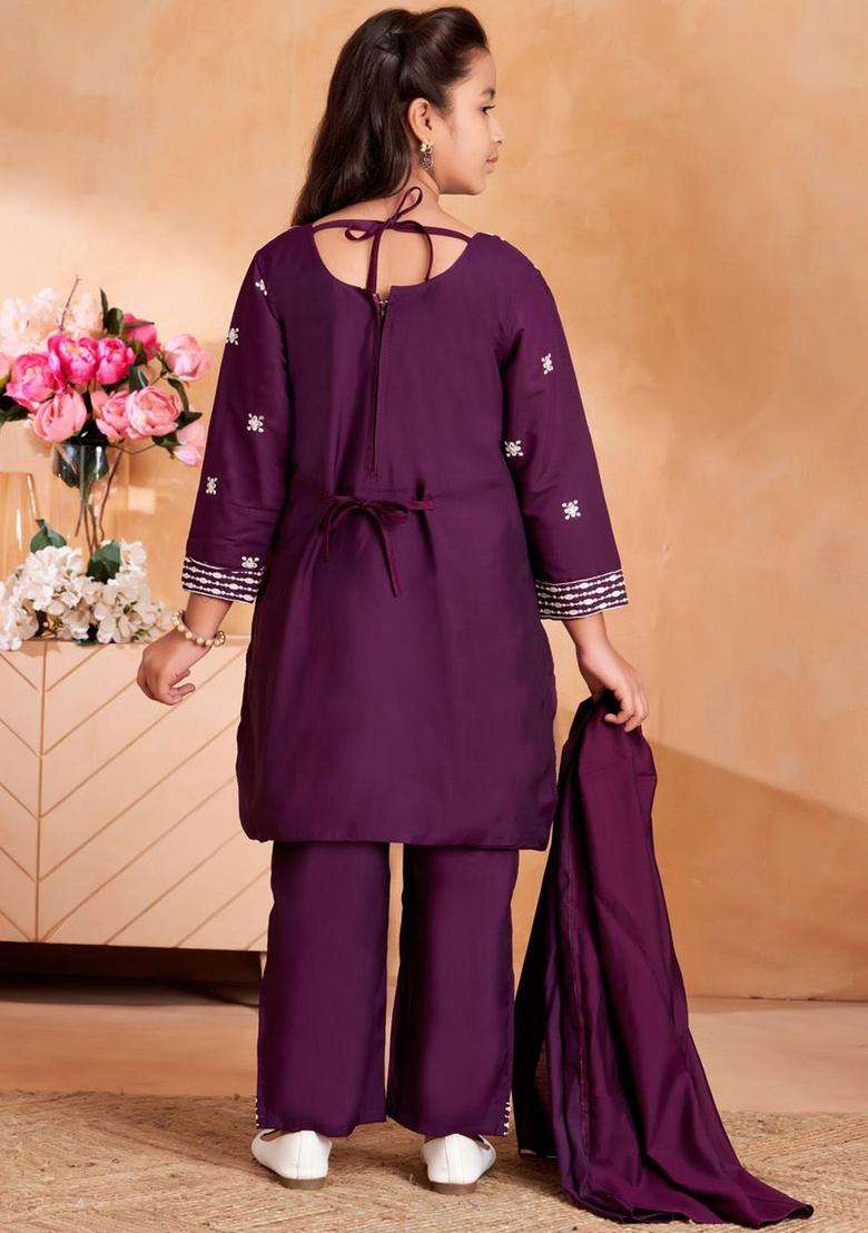 Purple Embroidered Silk Kurta Set For Girls - Indya