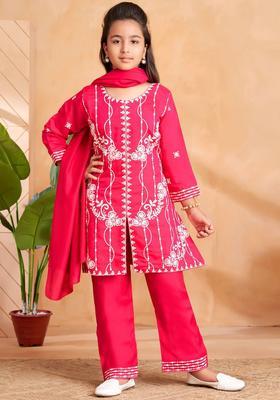 Pink Embroidered Silk Kurta Set For Girls