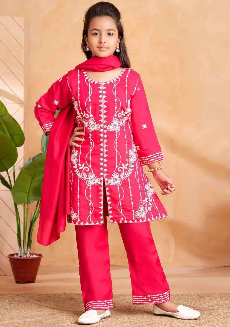 Pink Embroidered Silk Kurta Set For Girls - Indya