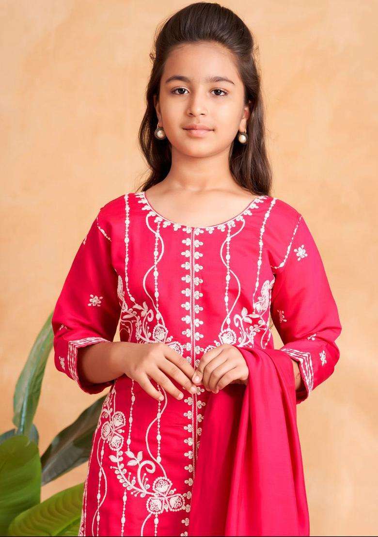 Pink Embroidered Silk Kurta Set For Girls - Indya