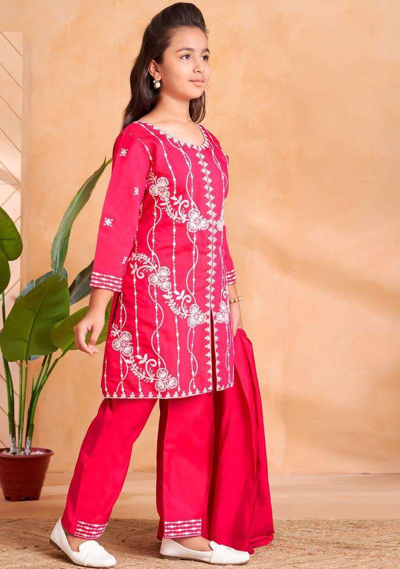 Pink Embroidered Silk Kurta Set For Girls - Indya