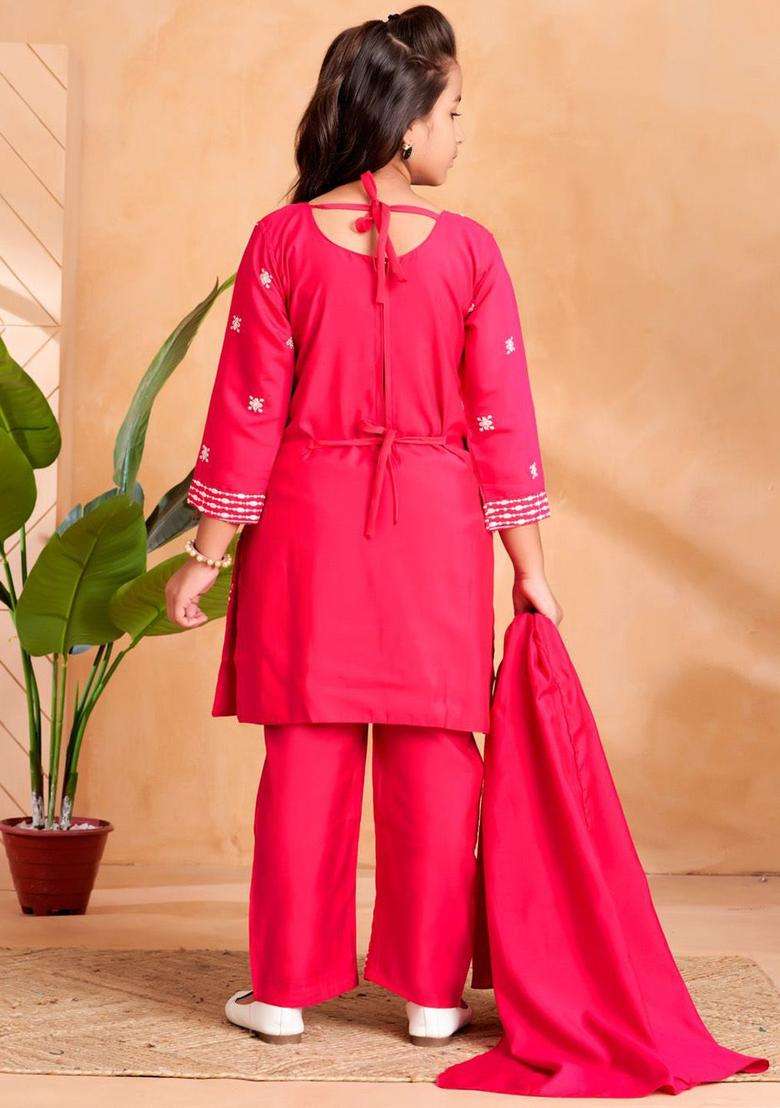 Pink Embroidered Silk Kurta Set For Girls - Indya