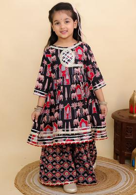 Black Printed Cotton Kurta Set For Girls