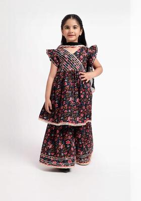 Black Printed Cotton Kurta Set For Girls