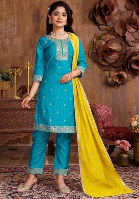 Turquoise Blue Embroidered Silk Kurta Set For Girls