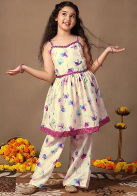 Off White Printed Cotton Kurta Set For Girls