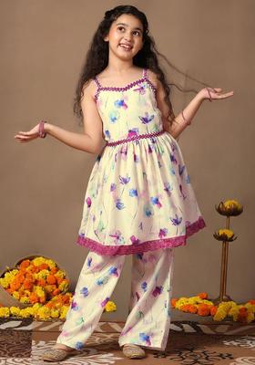 Off White Printed Cotton Kurta Set For Girls