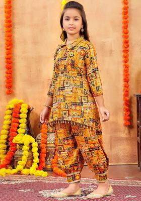 Mustard Printed Cotton Kurta Set For Girls