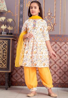 Yellow Printed Crepe Kurta Set For Girls