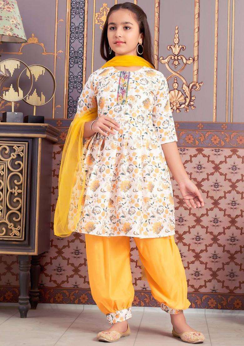 Yellow Printed Crepe Kurta Set For Girls - Indya