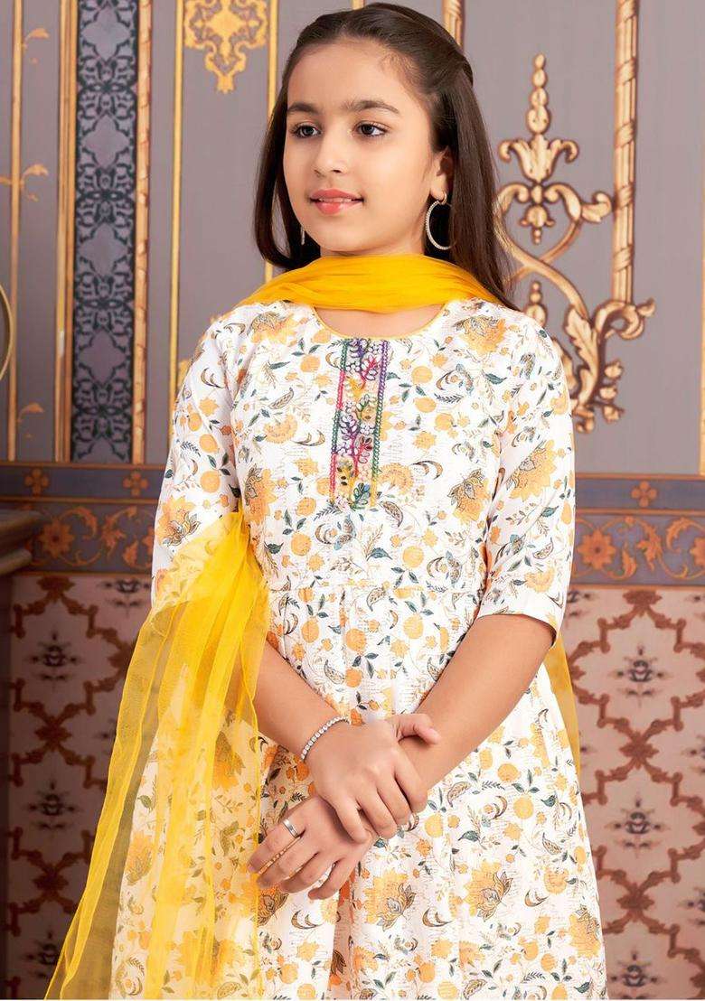 Yellow Printed Crepe Kurta Set For Girls - Indya