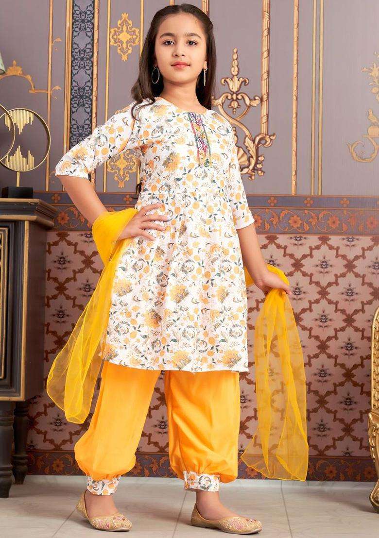 Yellow Printed Crepe Kurta Set For Girls - Indya