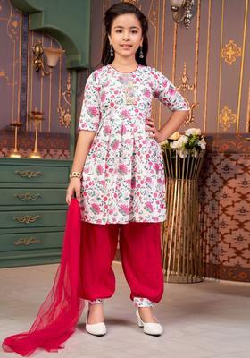 Pink Printed Crepe Kurta Set For Girls