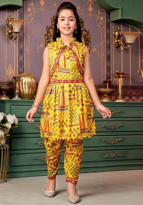 Yellow Printed Crepe Kurta Set For Girls