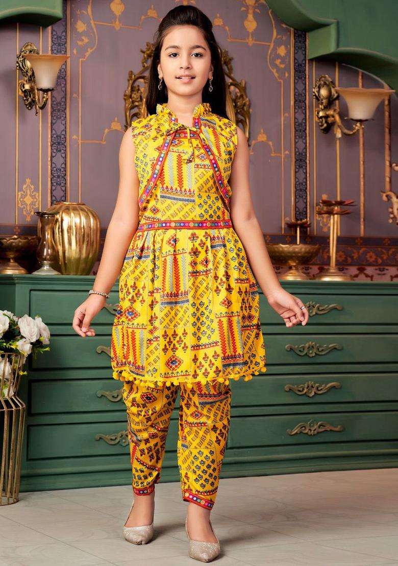 Yellow Printed Crepe Kurta Set For Girls - Indya