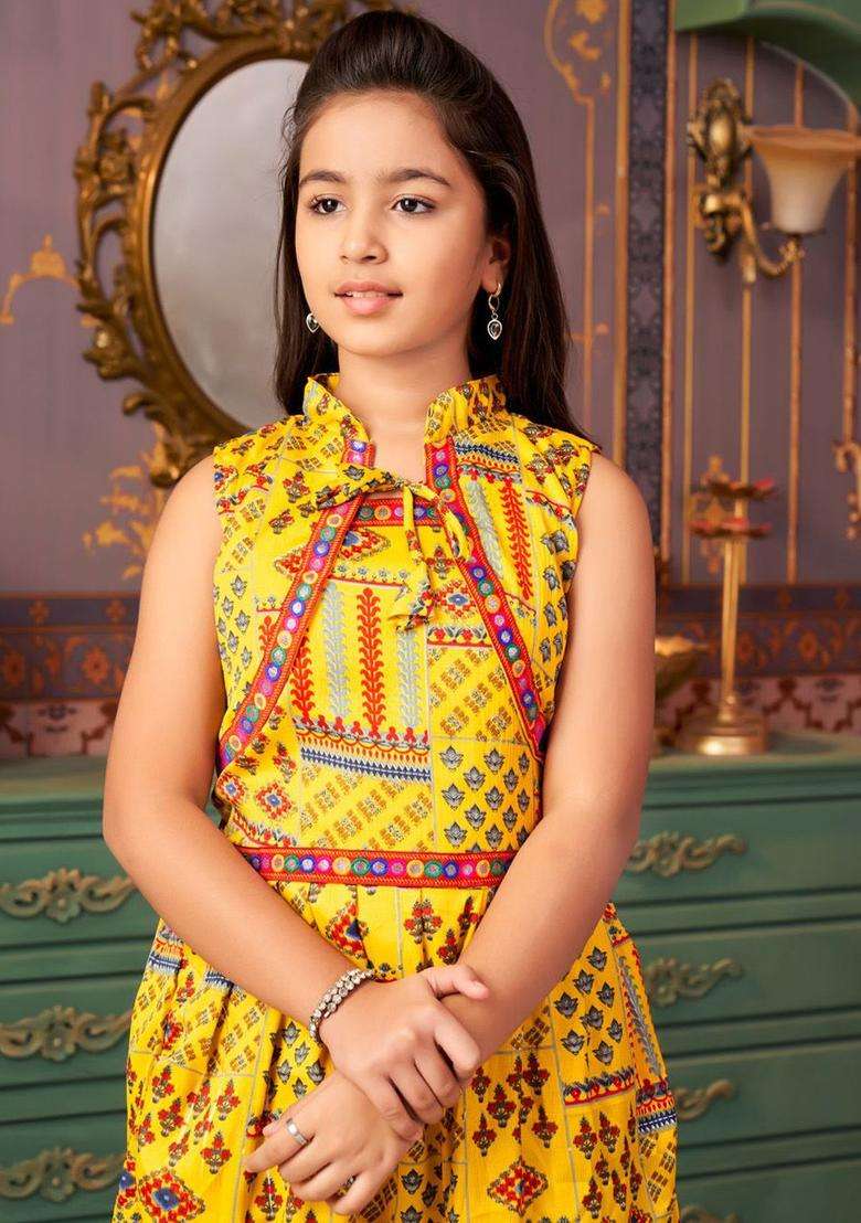 Yellow Printed Crepe Kurta Set For Girls - Indya
