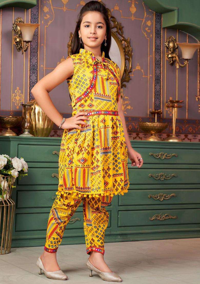 Yellow Printed Crepe Kurta Set For Girls - Indya
