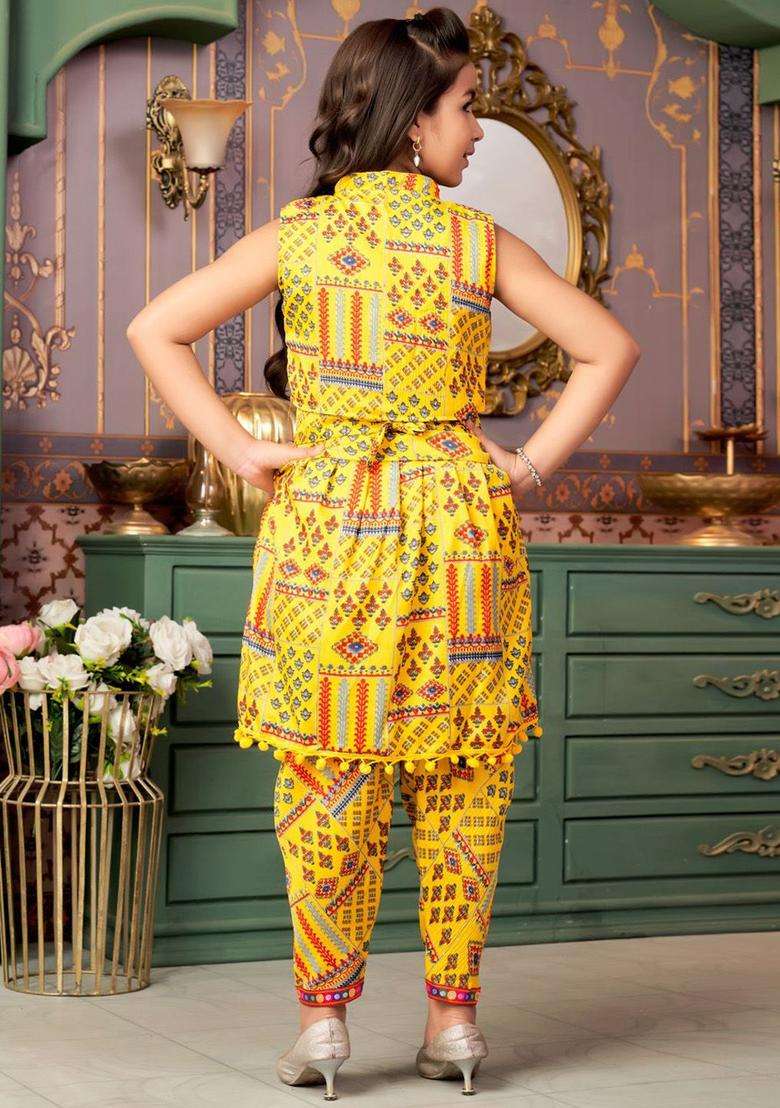 Yellow Printed Crepe Kurta Set For Girls - Indya