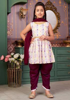 White Printed Crepe Kurta Set For Girls