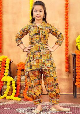 Mustard Printed Cotton Kurta Set For Girls